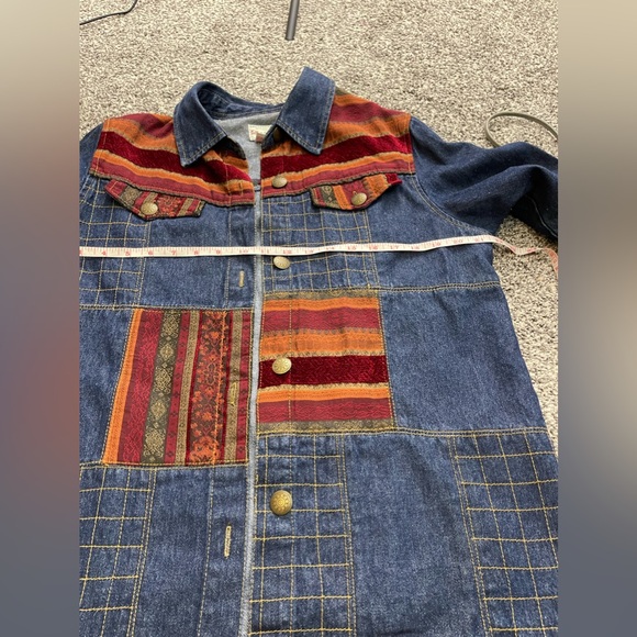 Vintage 90s Tibetan Woven Patchwork Panels Denim Long Line Hippie Jacket Sz S - Picture 7 of 8